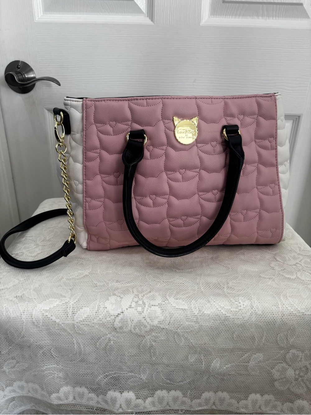 Betsey Johnson Pink Quilted Tote with Black Handles & Gold Accent